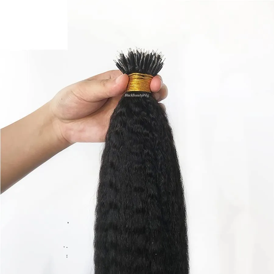 Kinky Straight Nano Ring Human Hair Extension Micro Link Brazilian Remy Nano Tip Hair Coarse Italian Yaki For Black Women 100g 100strands (24inch 100strands, 4(Dark Brown))