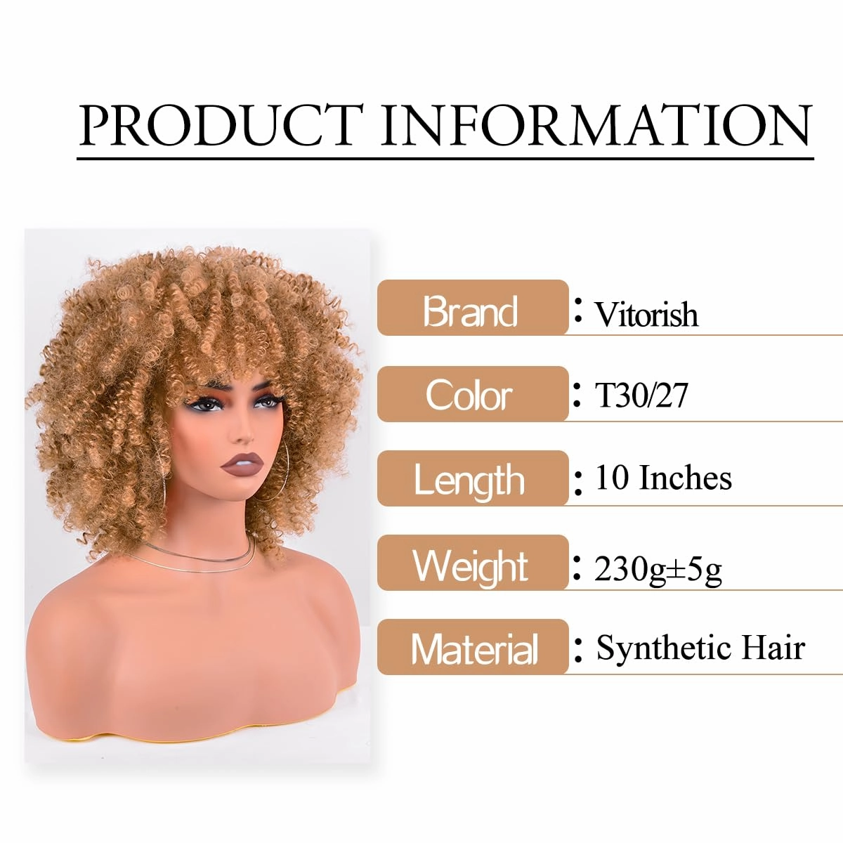 Kinky Curly Synthetic Hair Wig 10 Inches 230g/Piece Small Afro Wig with Bangs for Black Women Fluffy and Soft Ombre Blonde Hair Replacement Wigs (Ombre Blonde)
