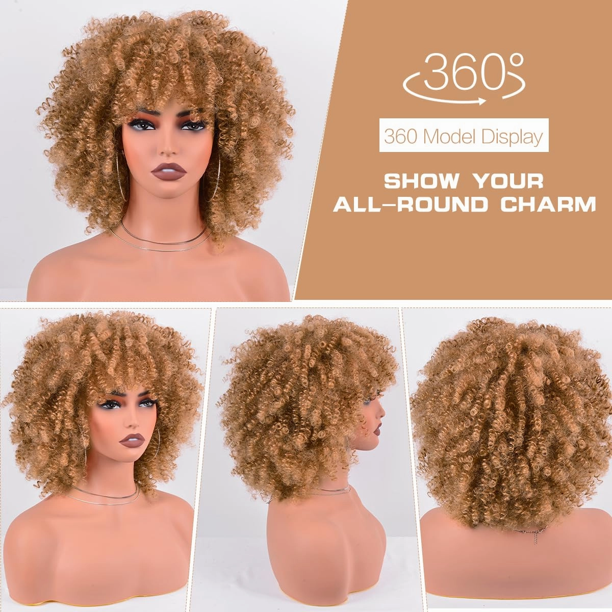 Kinky Curly Synthetic Hair Wig 10 Inches 230g/Piece Small Afro Wig with Bangs for Black Women Fluffy and Soft Ombre Blonde Hair Replacement Wigs (Ombre Blonde)