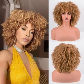 Kinky Curly Synthetic Hair Wig 10 Inches 230g/Piece Small Afro Wig with Bangs for Black Women Fluffy and Soft Ombre Blonde Hair Replacement Wigs (Ombre Blonde)