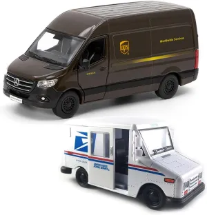 KiNSMART - UPS Mercedes-Benz Sprinter   United States Postal Mail Truck Grumman LLV 5 Inch Die Cast Metal Model Toy Van & Trucks SetOf2