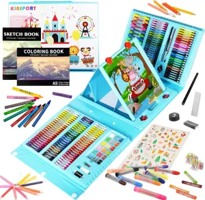 KINSPORY Art Kit, 290 Pack Art Sets Crafts Drawing Coloring kit, Double-Side Trifold Easel, Oil Pastels, Crayons, Colored Pencils, Creative Gift for Beginners Artists Girls Boys Kids (Blue)