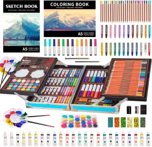 KINSPORY Deluxe Art Supplies Kit for Kids, Boys, Girls, Teens, Ages 5-12, with Sketch Pad, Watercolors, Crayons, Pencils, Markers, Oil Pastels, Palettes, Brushes, Erasers - Blue