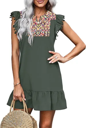 KIRUNDO Women's 2025 Summer Mini Dress Casual V Neck Floral Embroidered Ruffle Sleeveless Shift Flowy Boho Dress