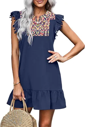 KIRUNDO Women's 2025 Summer Mini Dress Casual V Neck Floral Embroidered Ruffle Sleeveless Shift Flowy Boho Dress