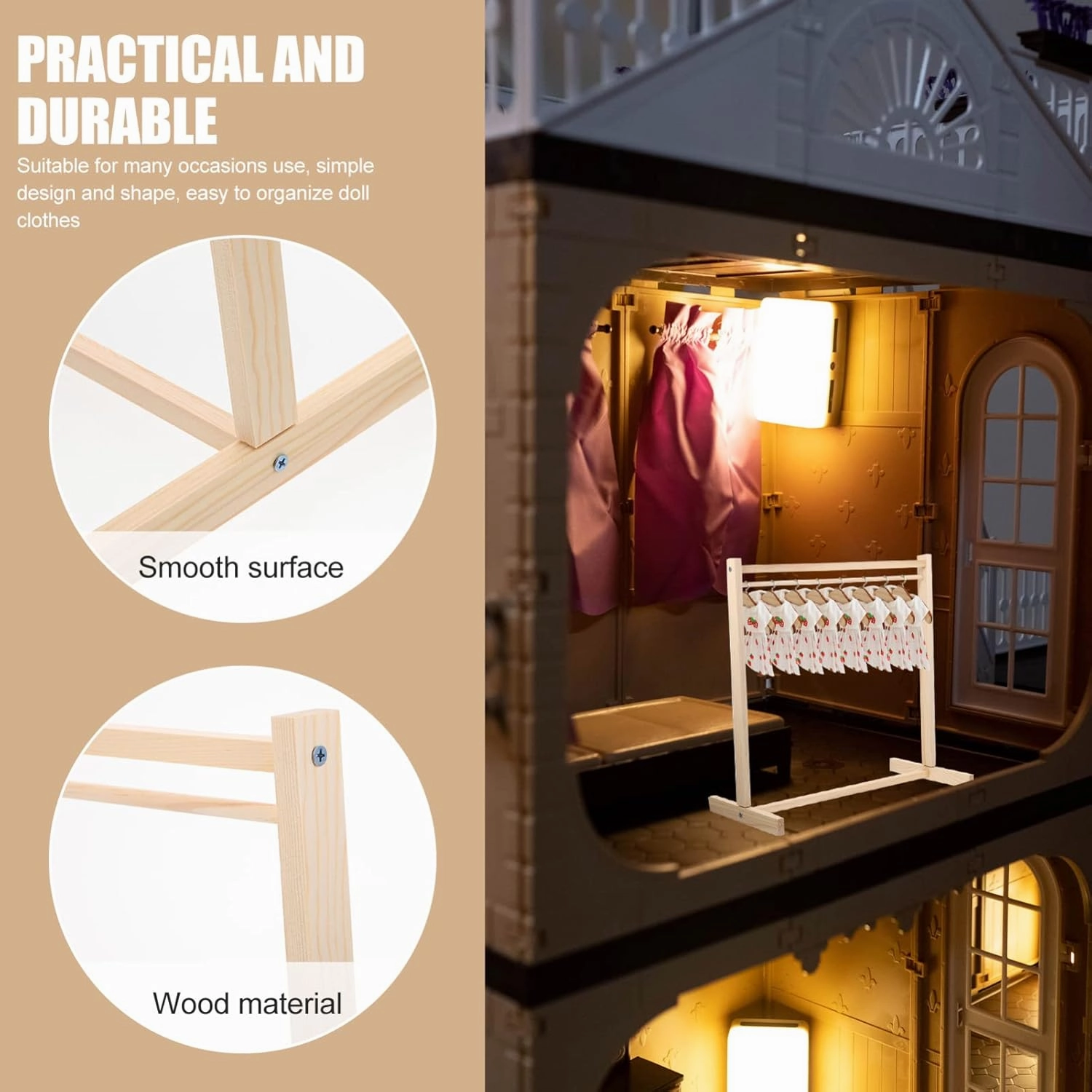 Kisangel Wooden Clothing Rack 1pc Doll Clothes Rack Miniature Garment Rack Doll Clothes Accessories for Dollhouse Supplies (40CM) Doll Hangers