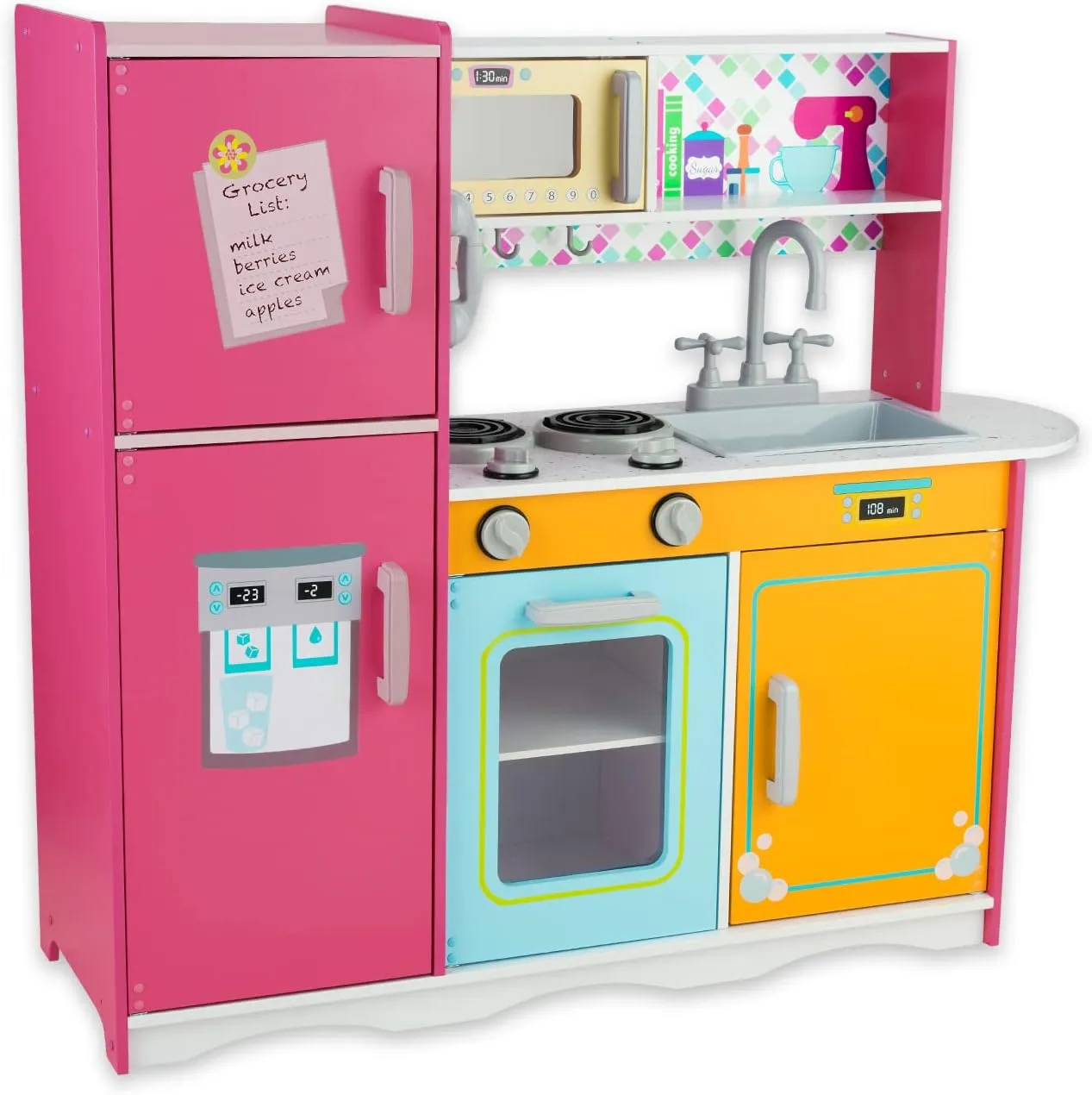 Kitchen Playset for Kids Ages 3-8, Wooden Pretend Play Kitchen for Toddlers, Including Telephone, Ice Maker, Refrigerator, Dimensions: 35” H x 31” W x 12” D (Multicolored)