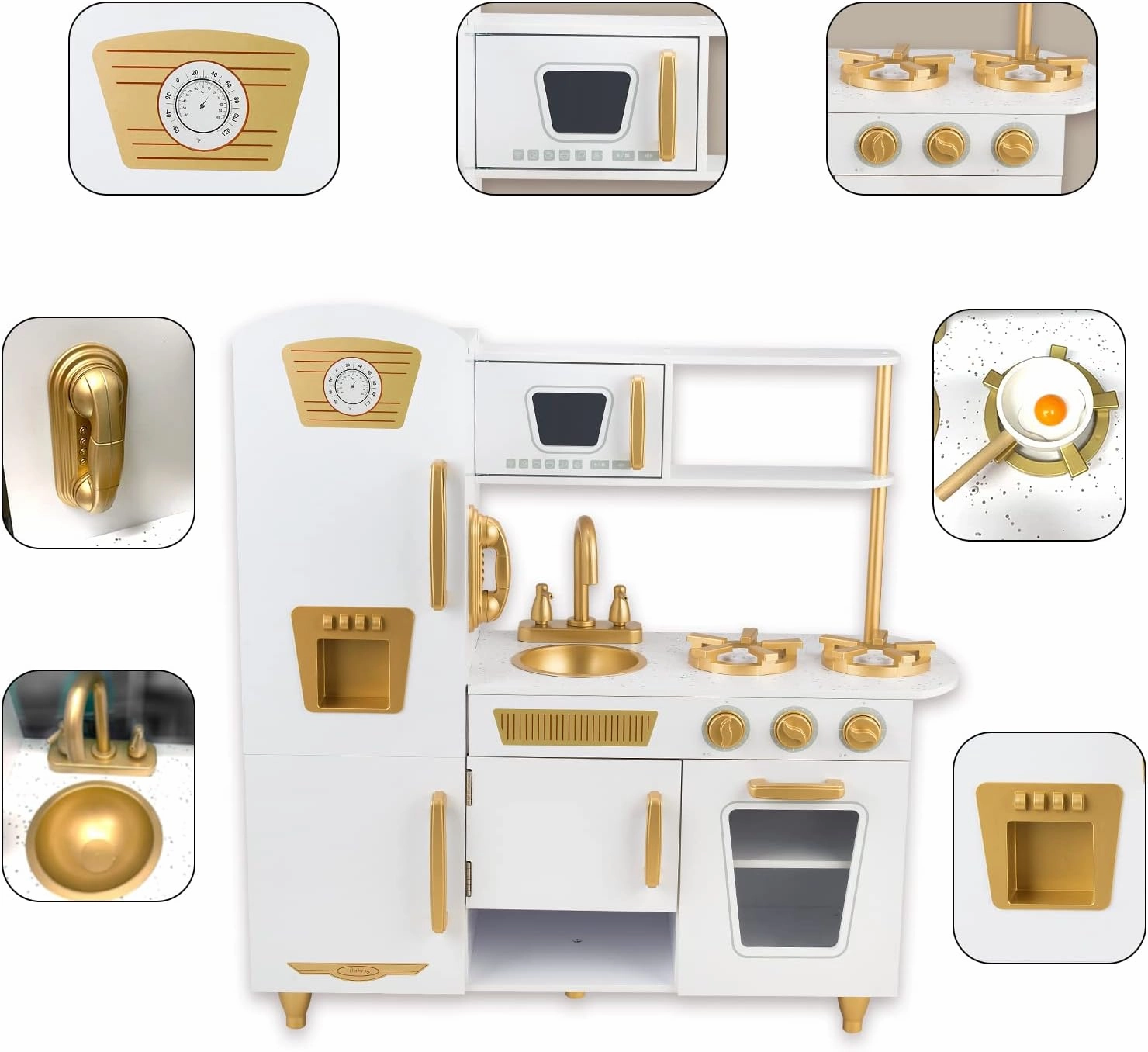 Kitchen Playset for Kids Ages 3-8, Wooden Pretend Play Kitchen with Realistic Sounds, Including Telephone, Ice Maker, Refrigerator, Dimensions: 35” H x 31” W x 12” D (White)