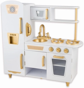 Kitchen Playset for Kids Ages 3-8, Wooden Pretend Play Kitchen with Realistic Sounds, Including Telephone, Ice Maker, Refrigerator, Dimensions: 35” H x 31” W x 12” D (White)