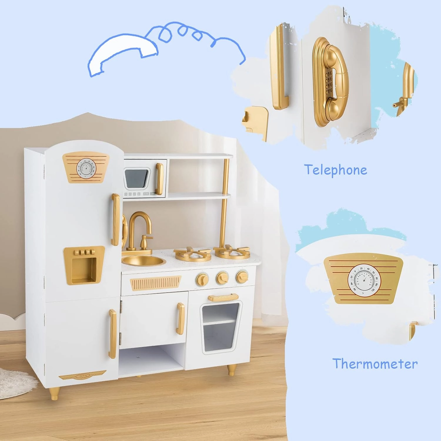 Kitchen Playset for Kids Ages 3-8, Wooden Pretend Play Kitchen with Realistic Sounds, Including Telephone, Ice Maker, Refrigerator, Dimensions: 35” H x 31” W x 12” D (White)