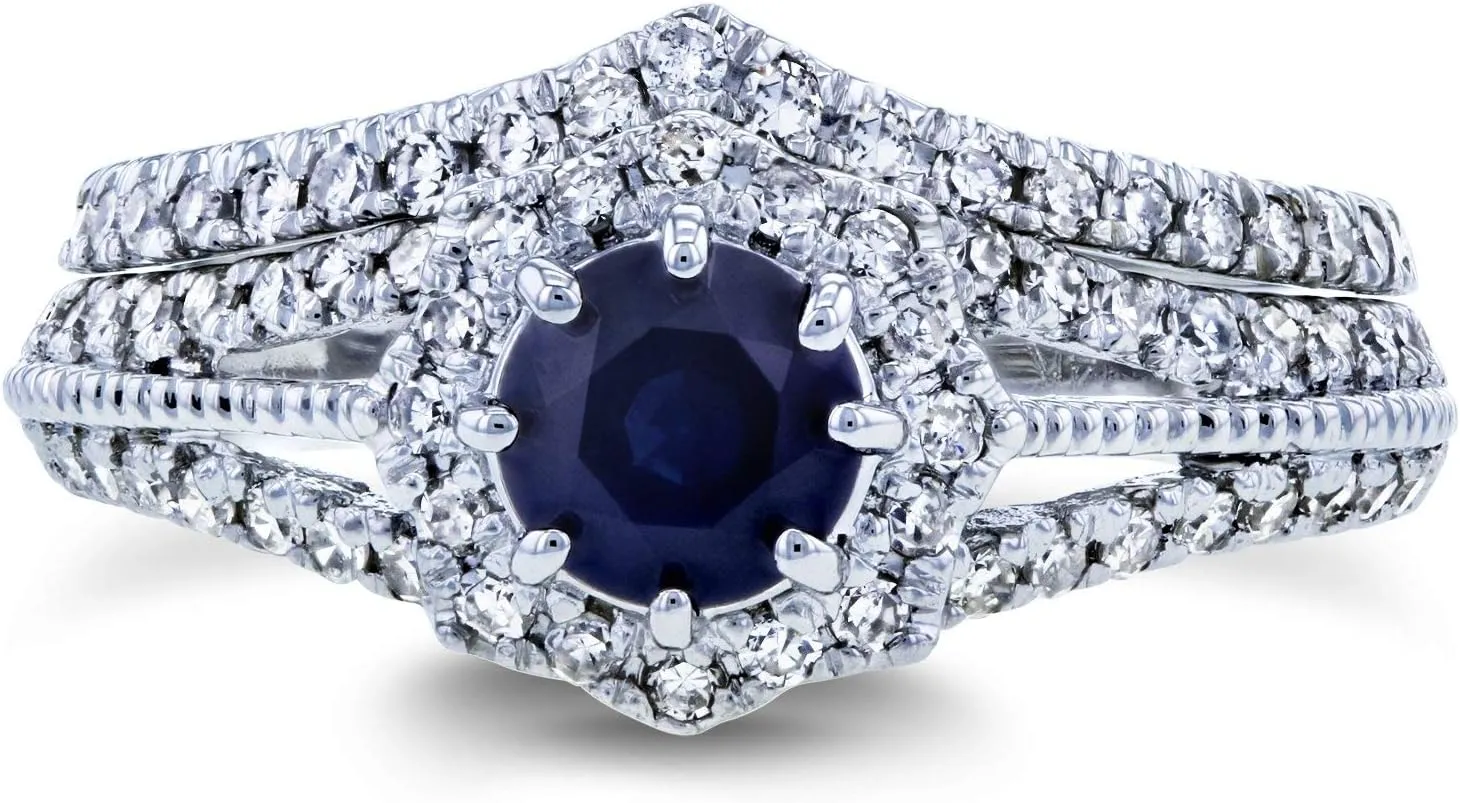 Kobelli Sapphire and 1/2ct TDW Diamond Star Halo Bridal Set 14k White Gold (2 Piece Set)