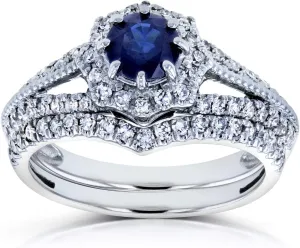 Kobelli Sapphire and 1/2ct TDW Diamond Star Halo Bridal Set 14k White Gold (2 Piece Set)