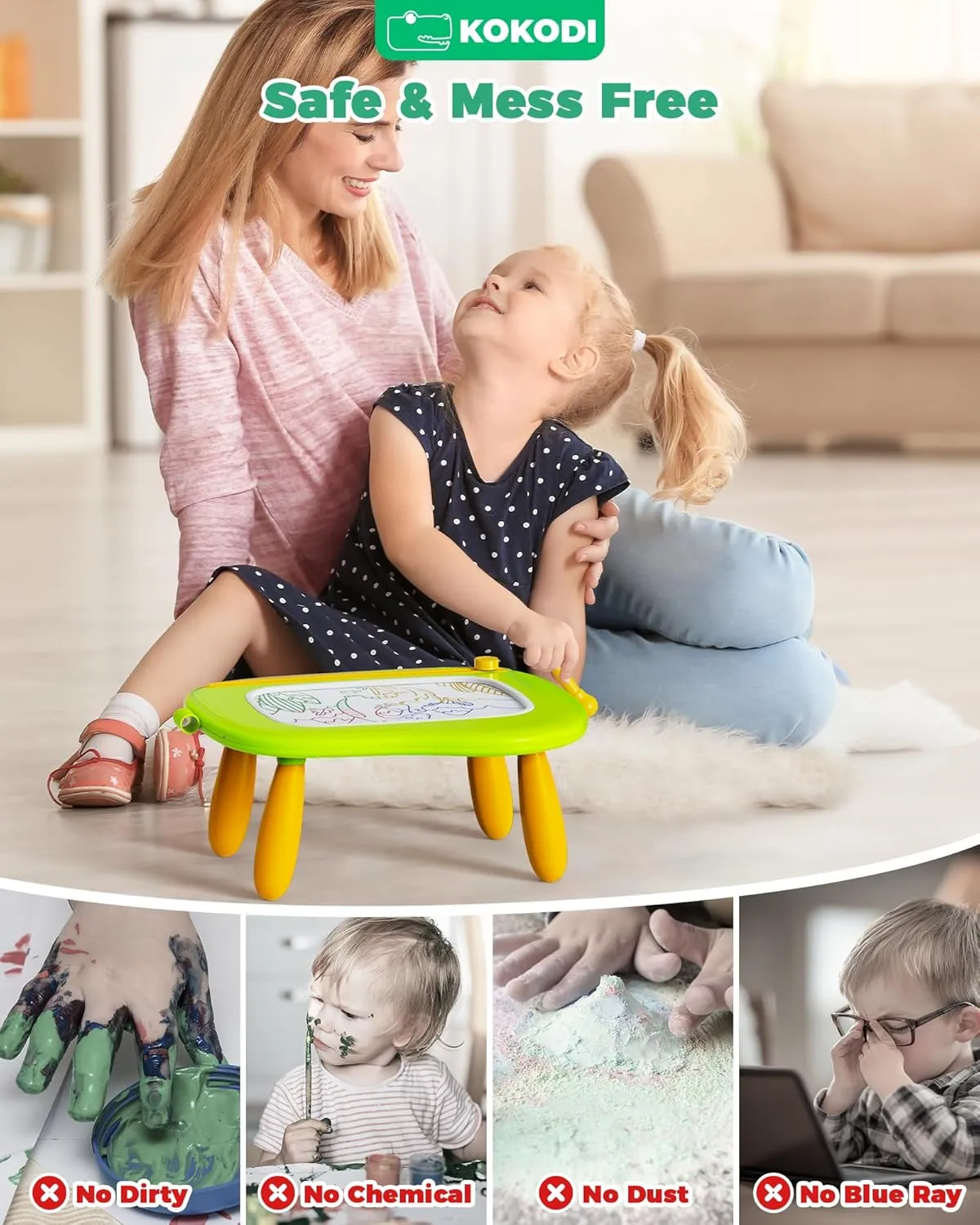 KOKODI Mess-Free Magnetic Drawing, Toddler Girl Toys for 1-2 Year Old, Large Doodle Board Pad Learning and Educational Toys for 1 2 3 Year Old Baby Kids Birthday Gifts(Green)