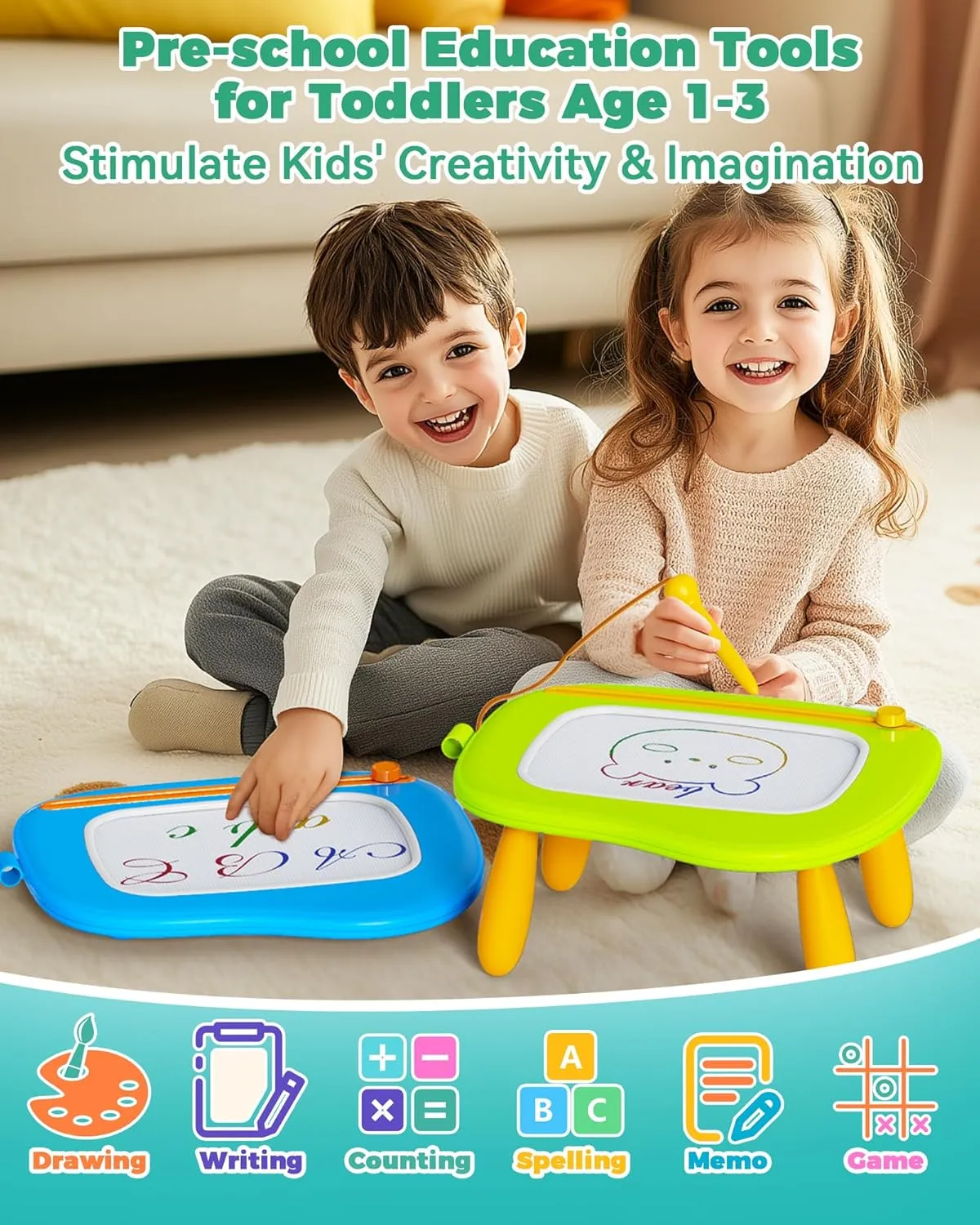 KOKODI Mess-Free Magnetic Drawing, Toddler Girl Toys for 1-2 Year Old, Large Doodle Board Pad Learning and Educational Toys for 1 2 3 Year Old Baby Kids Birthday Gifts(Green)