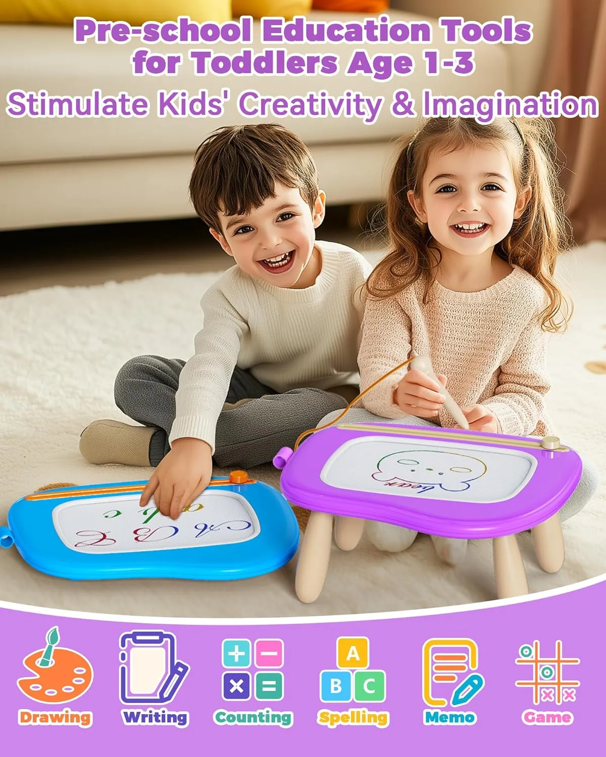 KOKODI Mess-Free Magnetic Drawing, Toddler Girl Toys for 1-2 Year Old, Large Doodle Board Pad Learning and Educational Toys for 1 2 3 Year Old Baby Kids Birthday Gifts(Purple)