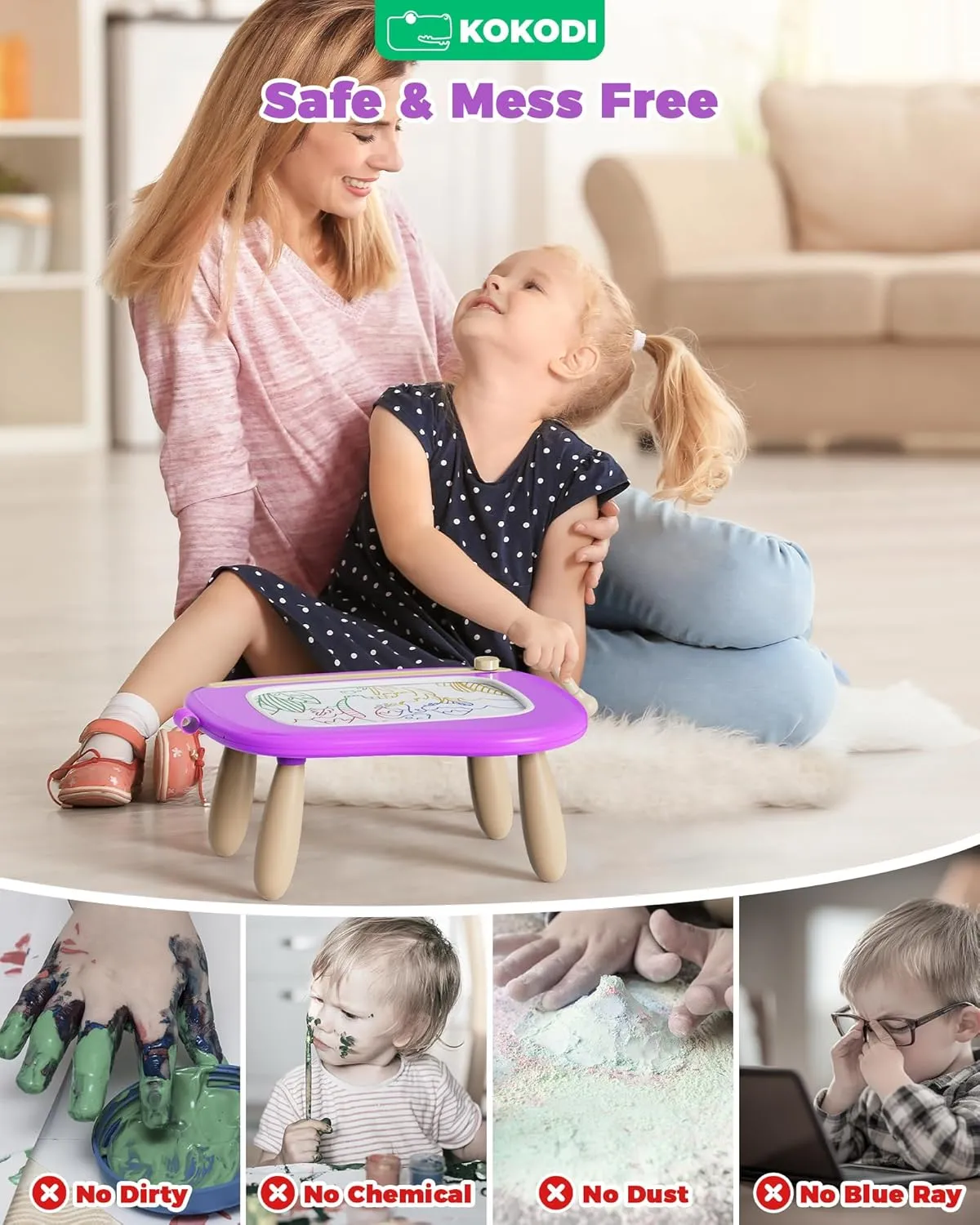 KOKODI Mess-Free Magnetic Drawing, Toddler Girl Toys for 1-2 Year Old, Large Doodle Board Pad Learning and Educational Toys for 1 2 3 Year Old Baby Kids Birthday Gifts(Purple)