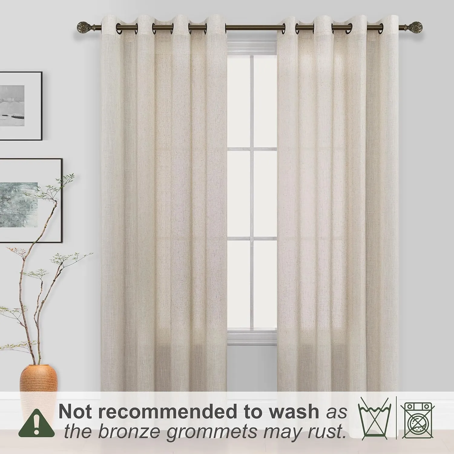 KOUFALL Beige Rustic Country Curtains for Living Room 84 Inches Long Flax Linen Bronze Grommet Tan Sand Color Solid Faux Linen Curtains for Bedroom Sliding Glass Patio Door 2 Panels