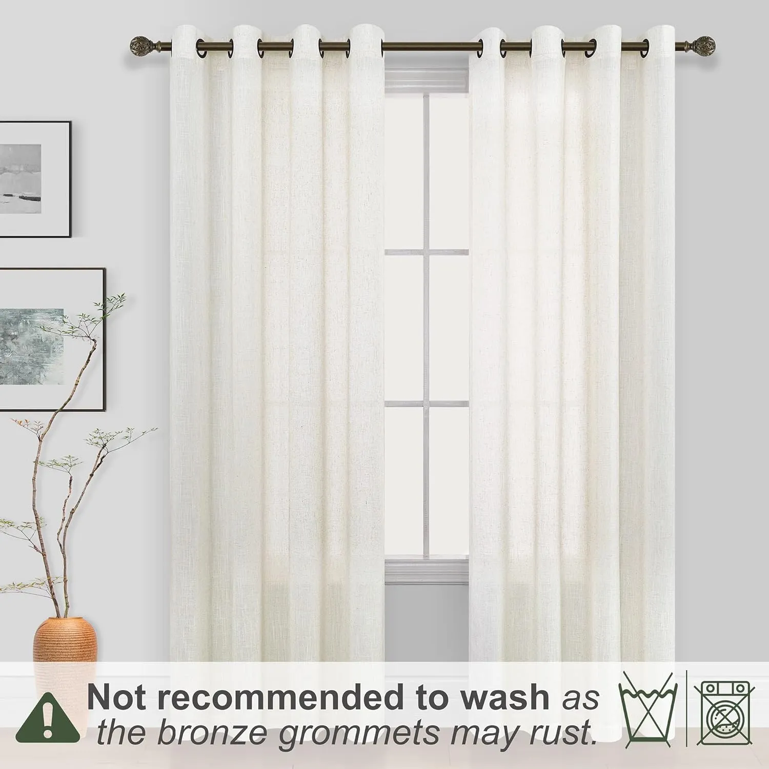 KOUFALL Linen Grommet Curtains for Living Room,Semi Sheer Boho Farmhouse Neutral Cream Curtain Drapes with Bronze Grommets,Room Curtains for Bedroom Window Set of 2 Panels 84 Length