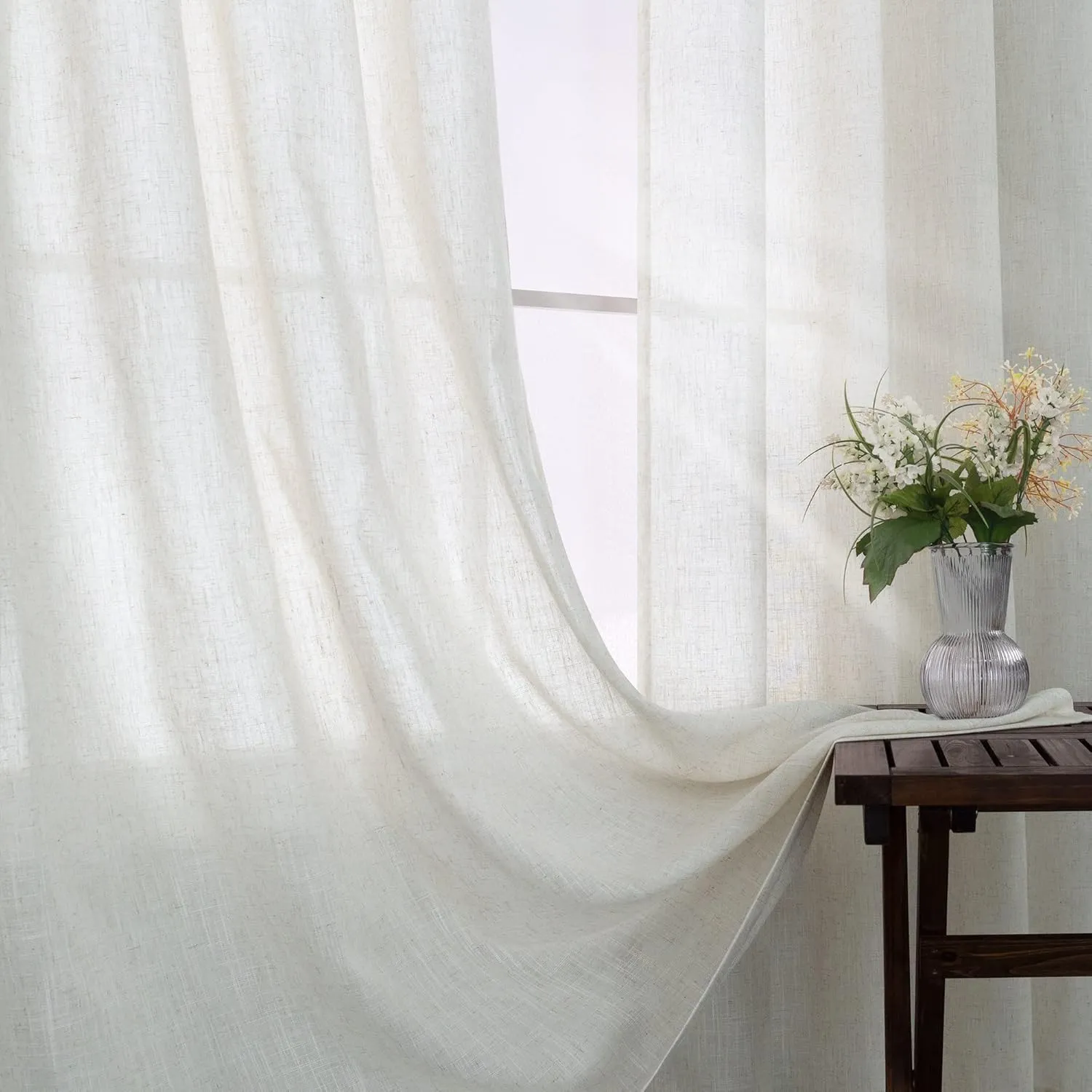 KOUFALL Linen Grommet Curtains for Living Room,Semi Sheer Boho Farmhouse Neutral Cream Curtain Drapes with Bronze Grommets,Room Curtains for Bedroom Window Set of 2 Panels 84 Length