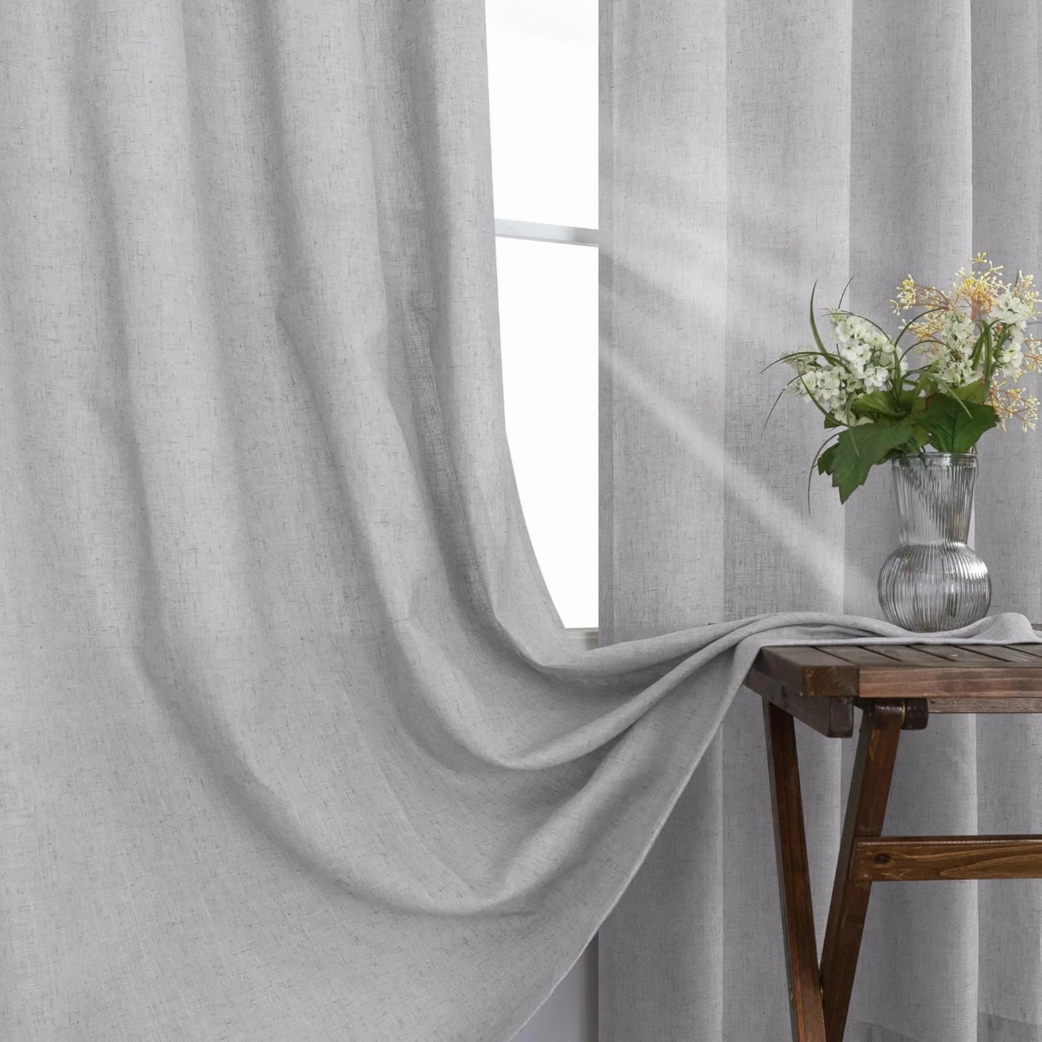 KOUFALL Light Grey Curtains 84 Inch Length for Living Room 2 Panels Set Bronze Grommet Light Filtering Semi Sheer Linen Curtain for Dining Room Bedroom 84 Inches Long,Dove Gray