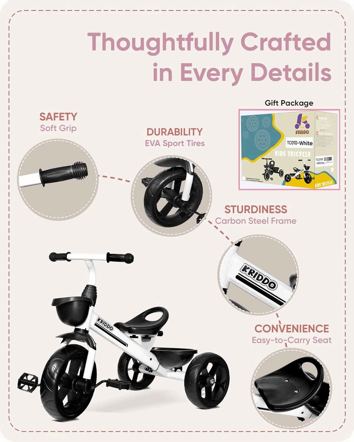 KRIDDO Kids Tricycles Age 24 Month to 4 Years, Toddler Kids Trike for 2.5 to 5 Year Old, Gift Toddler Tricycles for 2-4 Year Olds, Trikes for Toddlers, Sporty Styling, White