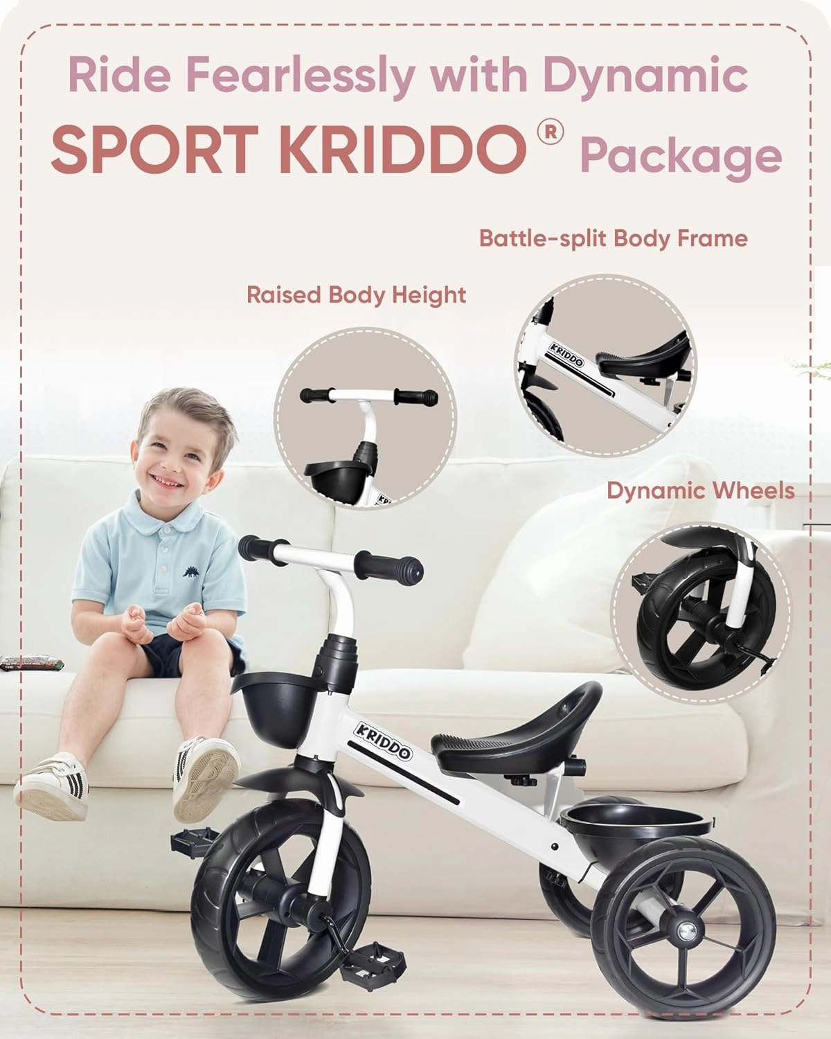 KRIDDO Kids Tricycles Age 24 Month to 4 Years, Toddler Kids Trike for 2.5 to 5 Year Old, Gift Toddler Tricycles for 2-4 Year Olds, Trikes for Toddlers, Sporty Styling, White