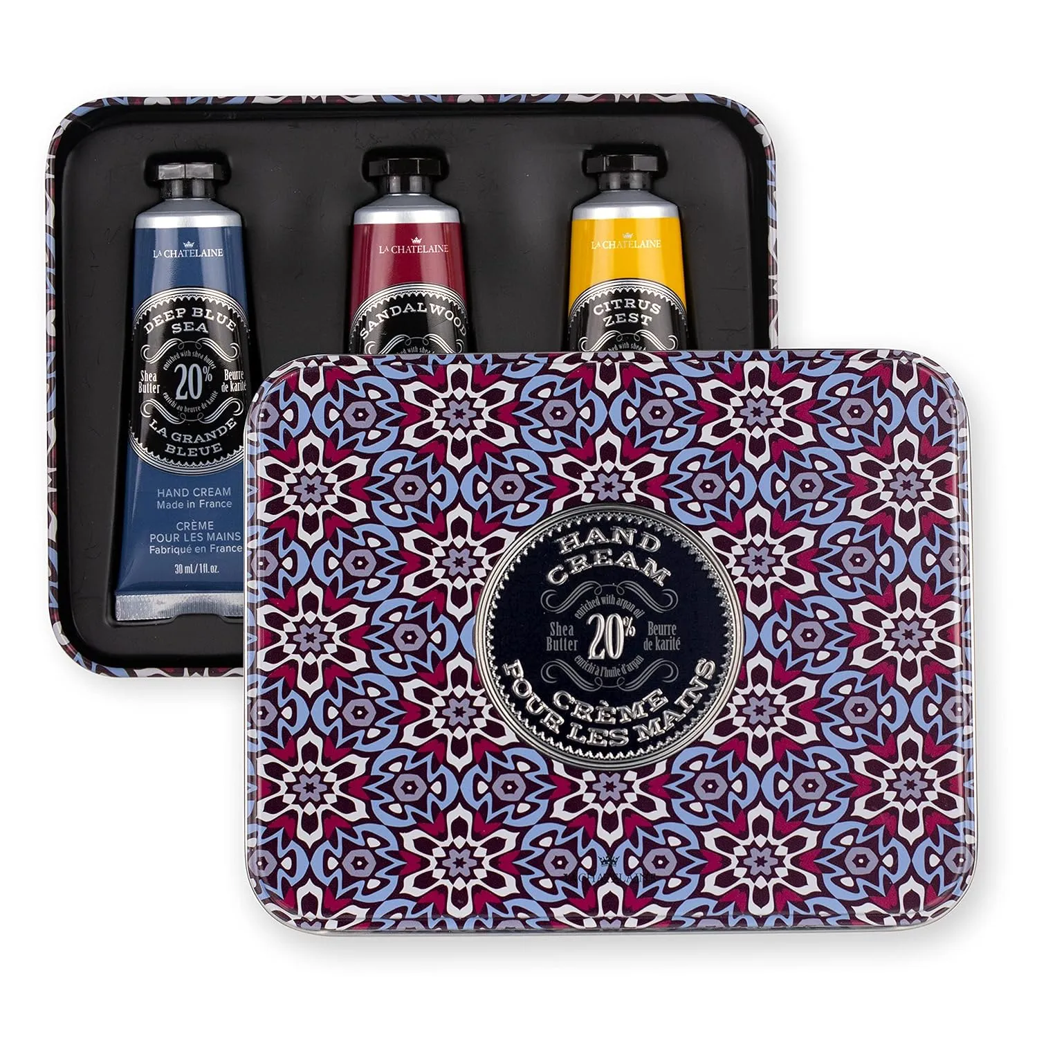 La Chatelaine Hand Cream Gift Set for Men, Ready-To-Gift Travel Size Hand Lotion, Natural Hand Cream Made in France with 20% Organic Shea Butter (Deep Blue Sea, Sandalwood, Citrus Zest) 3 x 1 fl oz