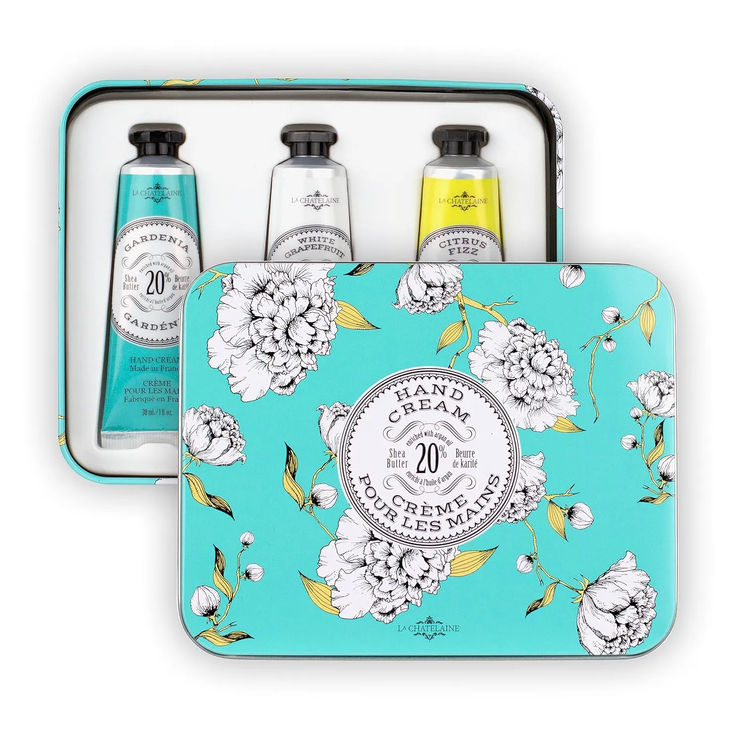La Chatelaine Hand Cream Trio Tin Gift Set, Natural Hand Lotion, Made in France with 20% Organic Shea Butter, Moisturizing (Gardenia, White Grapefruit, Citrus Fizz) 3 x 1 fl.