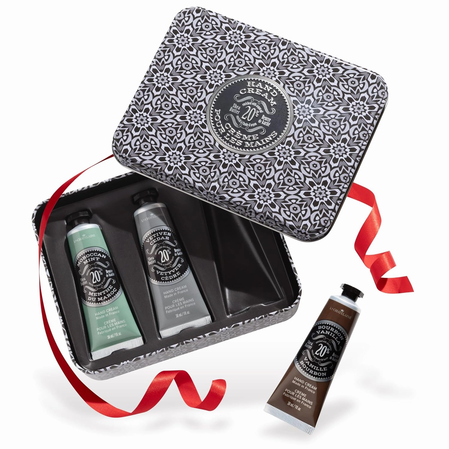 La Chatelaine Hand Cream Unisex Gift Set, Ready-To-Gift Hand Lotion, Travel Size, Natural Hand Cream Made in France with 20% Organic Shea (Moroccan Mint, Vetiver Cedar, Bourbon Vanilla) 3 x 1 fl oz