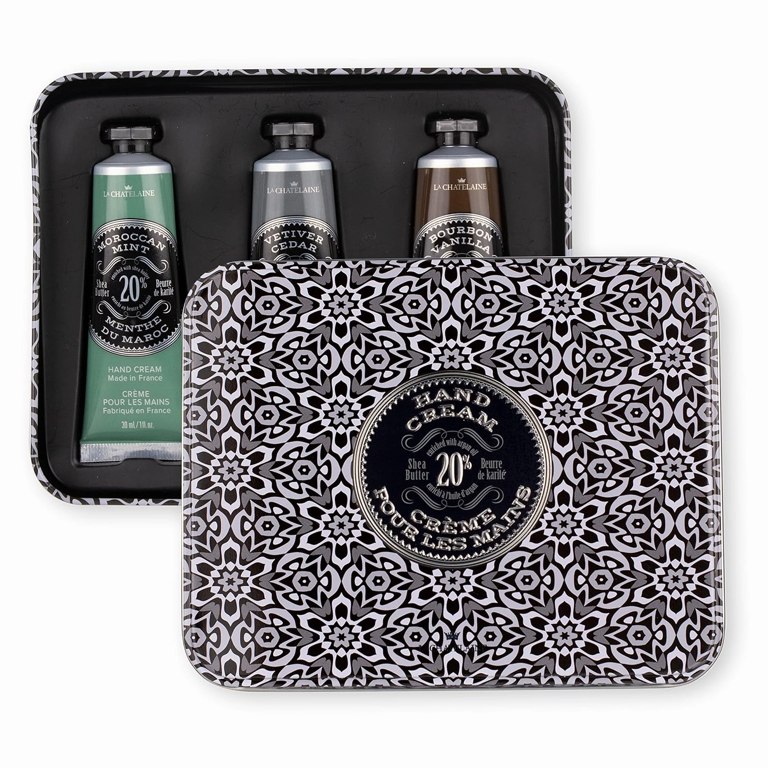 La Chatelaine Hand Cream Unisex Gift Set, Ready-To-Gift Hand Lotion, Travel Size, Natural Hand Cream Made in France with 20% Organic Shea (Moroccan Mint, Vetiver Cedar, Bourbon Vanilla) 3 x 1 fl oz