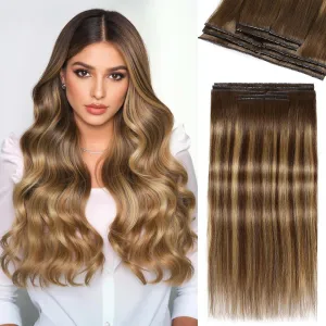 LADY MIRANDA 20 Inch Double Weft Hair Extensions with Micro Beads 8 Pieces 100g Honey Blonde Highlights Twin Tabs Hair Extensions Invisible Seamless PU Weft Genius Real Human Hair(T4/27, 20 Inch)