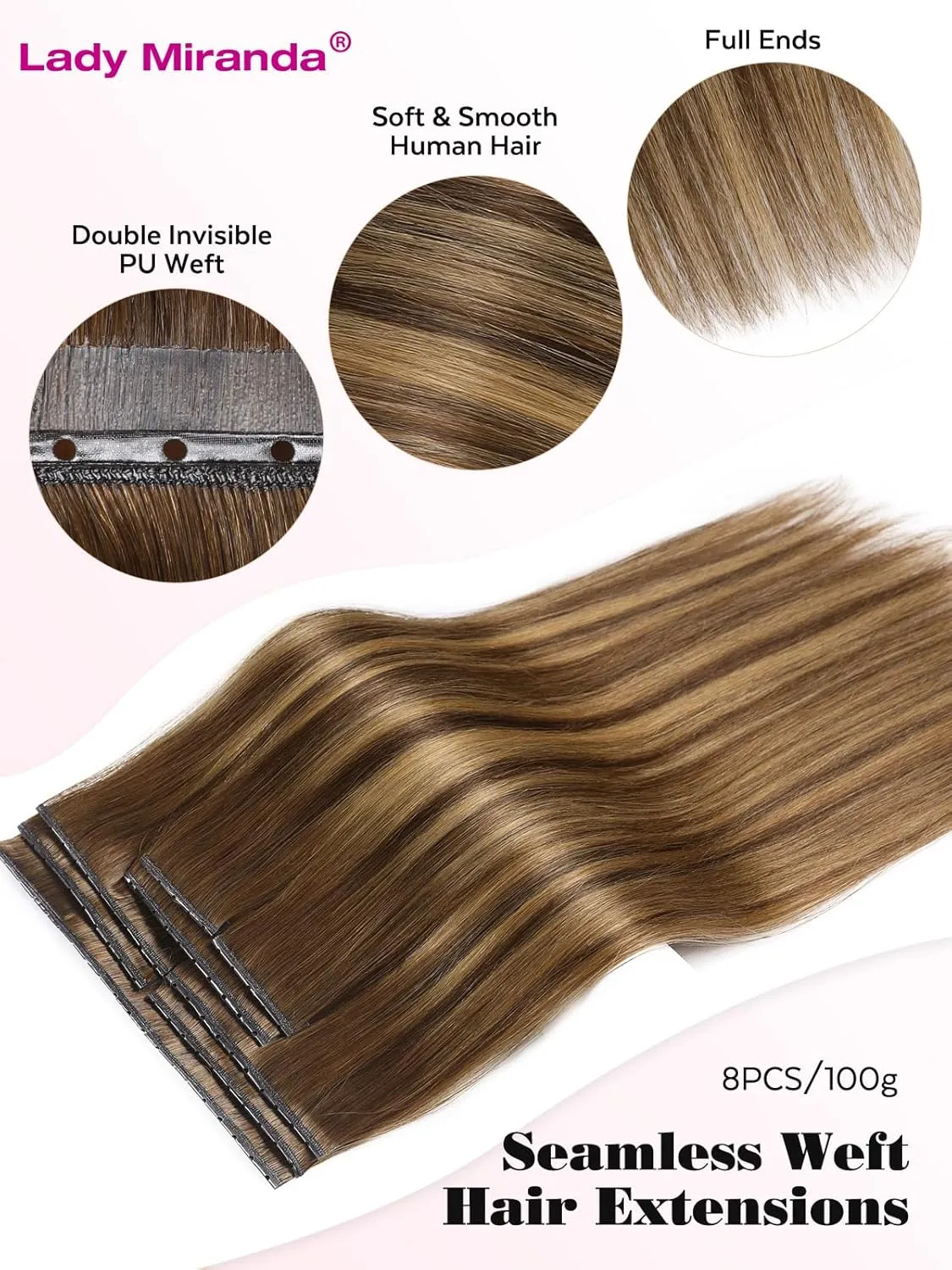 LADY MIRANDA 20 Inch Double Weft Hair Extensions with Micro Beads 8 Pieces 100g Honey Blonde Highlights Twin Tabs Hair Extensions Invisible Seamless PU Weft Genius Real Human Hair(T4/27, 20 Inch)