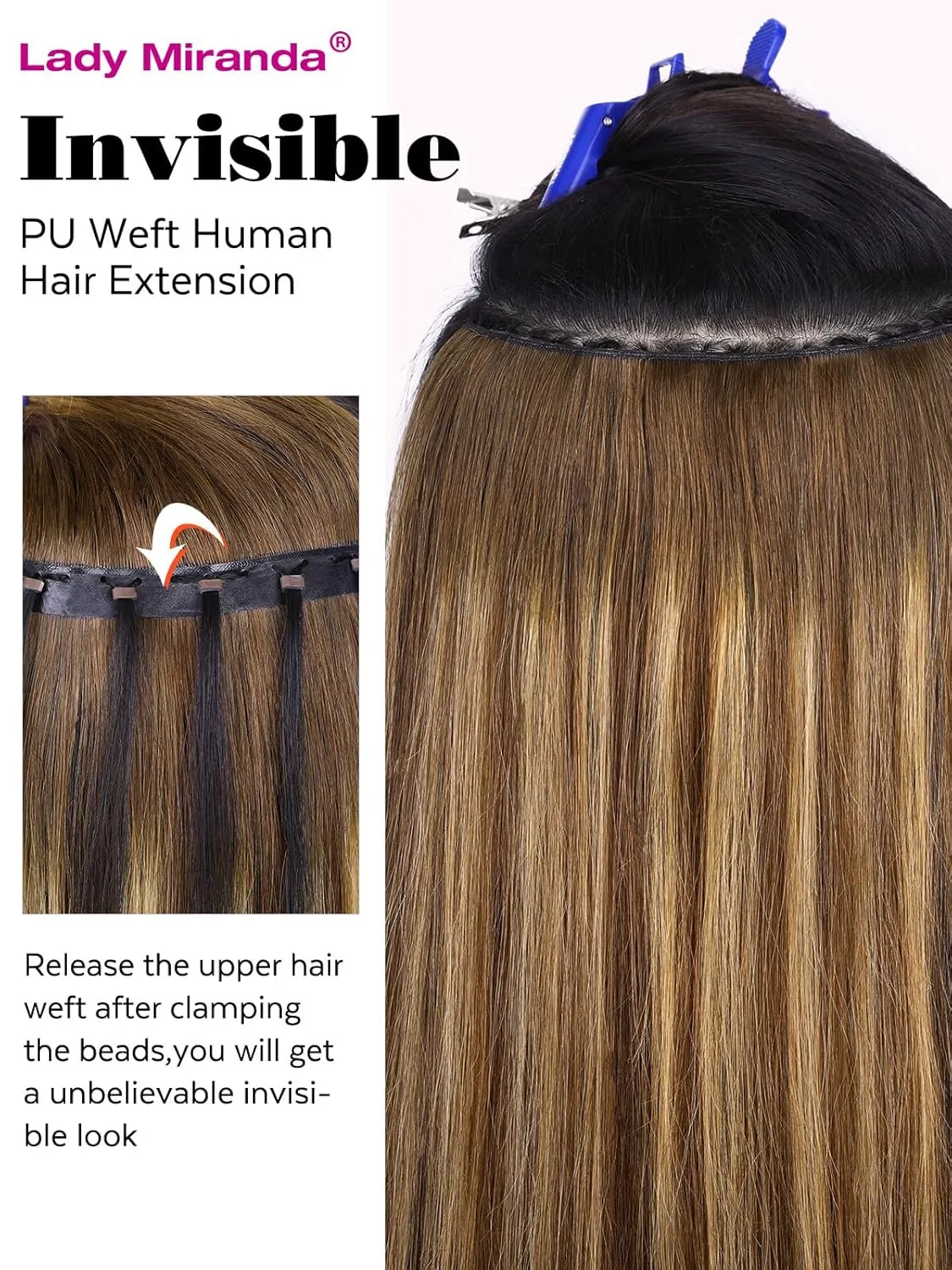 LADY MIRANDA 20 Inch Double Weft Hair Extensions with Micro Beads 8 Pieces 100g Honey Blonde Highlights Twin Tabs Hair Extensions Invisible Seamless PU Weft Genius Real Human Hair(T4/27, 20 Inch)