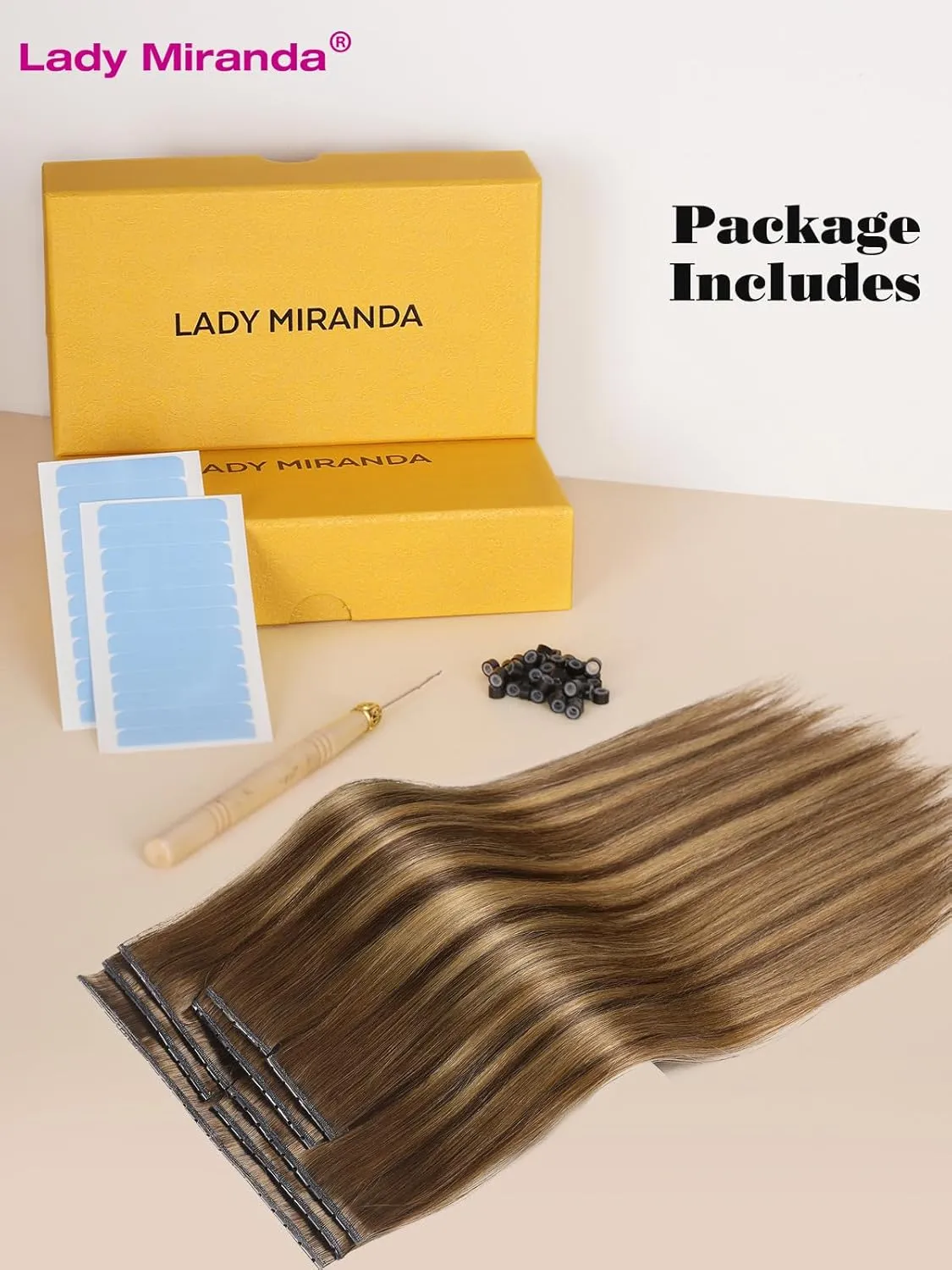 LADY MIRANDA 20 Inch Double Weft Hair Extensions with Micro Beads 8 Pieces 100g Honey Blonde Highlights Twin Tabs Hair Extensions Invisible Seamless PU Weft Genius Real Human Hair(T4/27, 20 Inch)