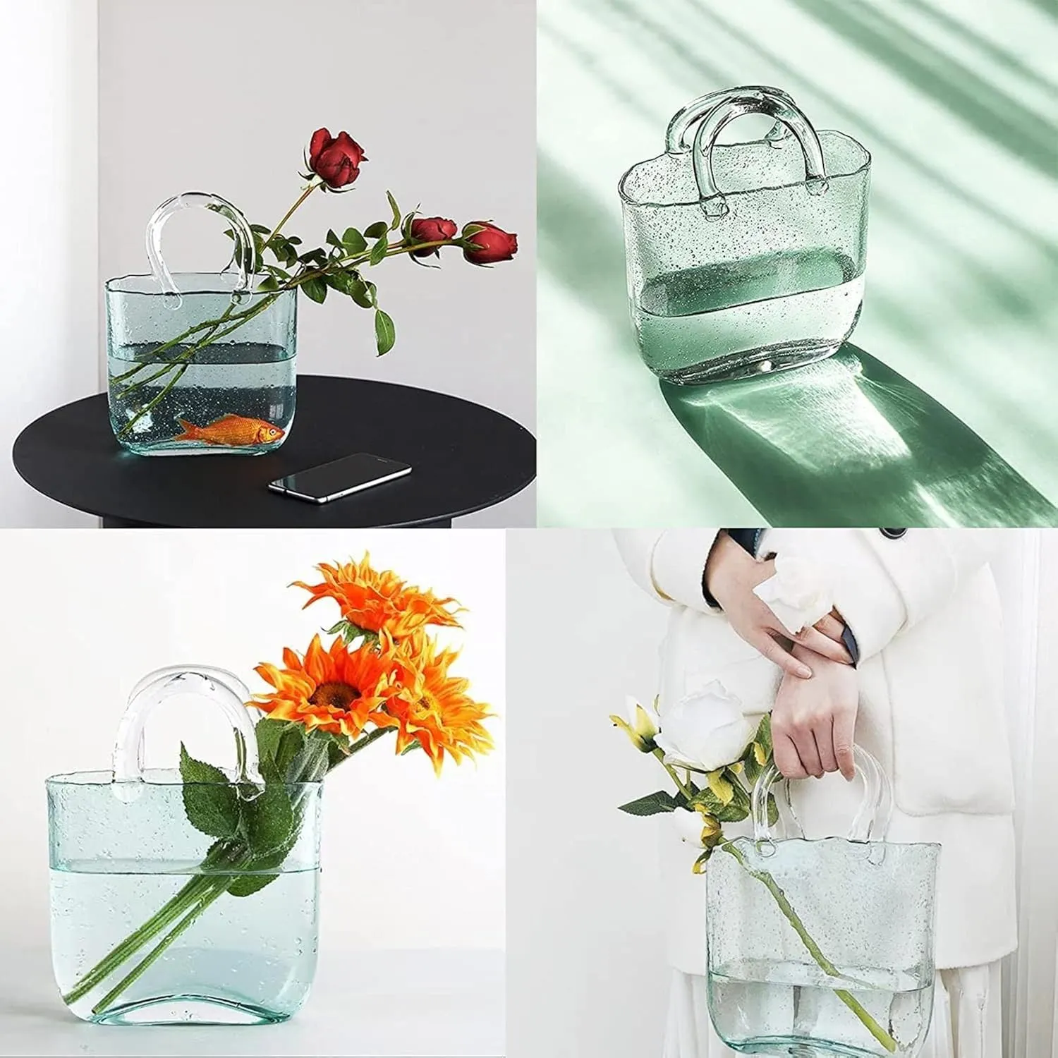 LAMPPE Purse Flower Vase, Hand Blown Glass Vase Purse Bag Glass Vase Handbag Vases for Flowers, Unique for Centerpieces,Table Decorations,Wedding Decor,Home,Style2-Blue