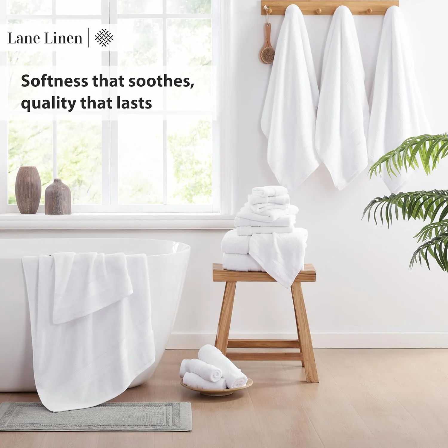 LANE LINEN 100% Mercerized Cotton Luxury Bathroom Towel Set - 18 Pcs - Super Soft, Fluffy & Highly Absorbent - 6 Bath Towels, 6 Washcloths, 6 Hand Towels - Complete Family Pack - White Bath Towel Set