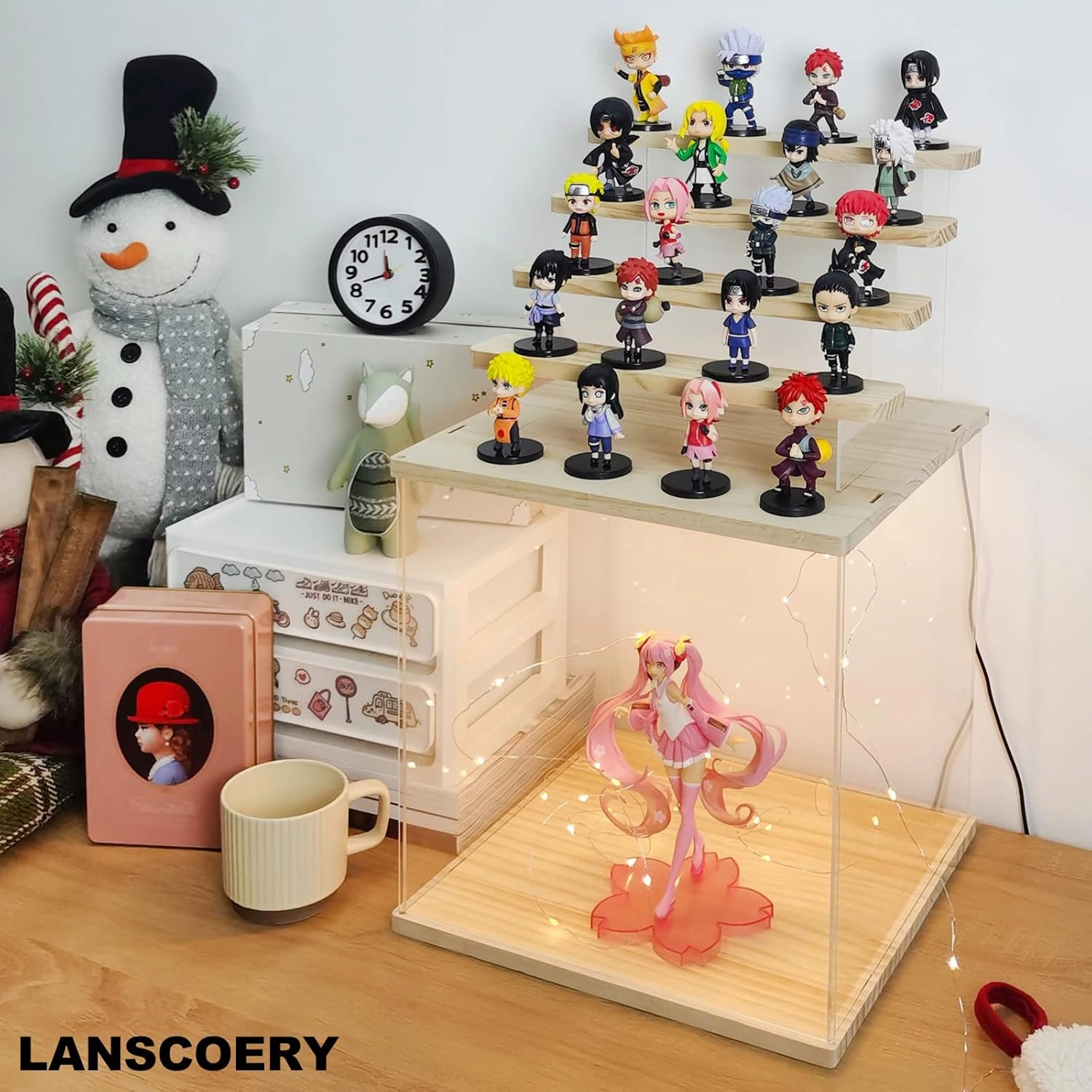 LANSCOERY Acrylic Display Case with LED Light, Clear 5 Tier Organization, Dustproof Wooden Display Box, Exclusive Showcase for Collectibles, Mini Figures and Funko Pop, 11.8x11x11.8inch