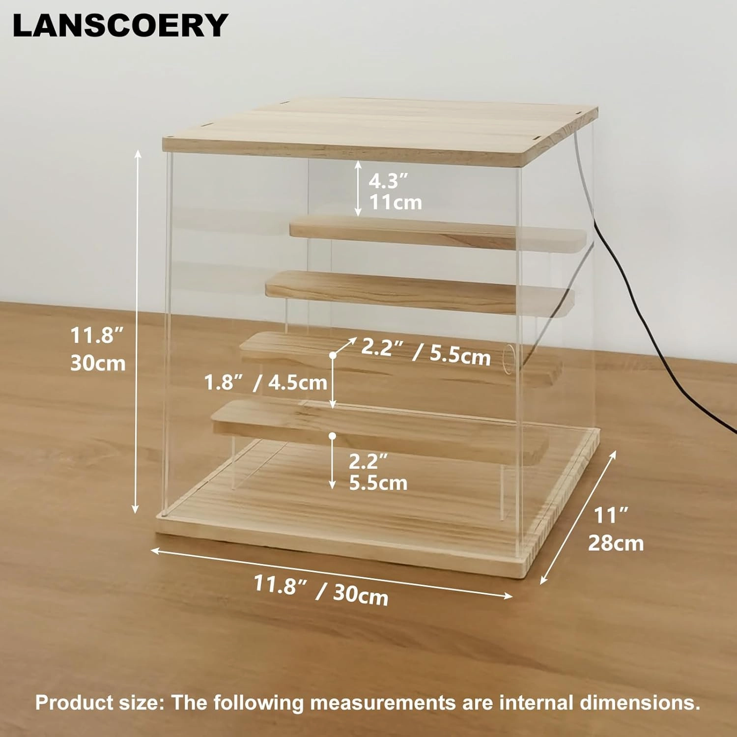 LANSCOERY Acrylic Display Case with LED Light, Clear 5 Tier Organization, Dustproof Wooden Display Box, Exclusive Showcase for Collectibles, Mini Figures and Funko Pop, 11.8x11x11.8inch