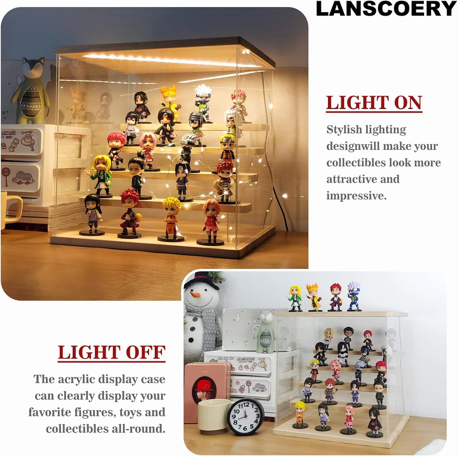 LANSCOERY Acrylic Display Case with LED Light, Clear 5 Tier Organization, Dustproof Wooden Display Box, Exclusive Showcase for Collectibles, Mini Figures and Funko Pop, 11.8x11x11.8inch