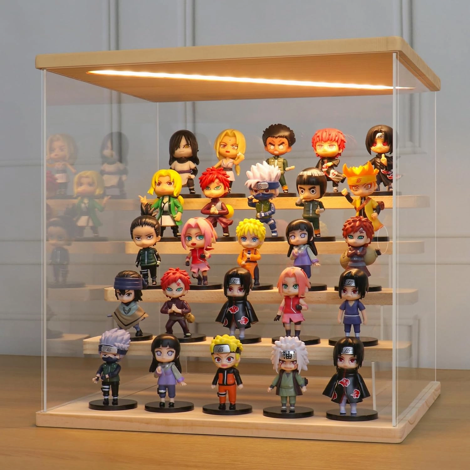 LANSCOERY Acrylic Display Case with LED Light, Clear 5 Tier Organization, Dustproof Wooden Display Box, Exclusive Showcase for Collectibles, Mini Figures and Funko Pop, 11.8x11x11.8inch