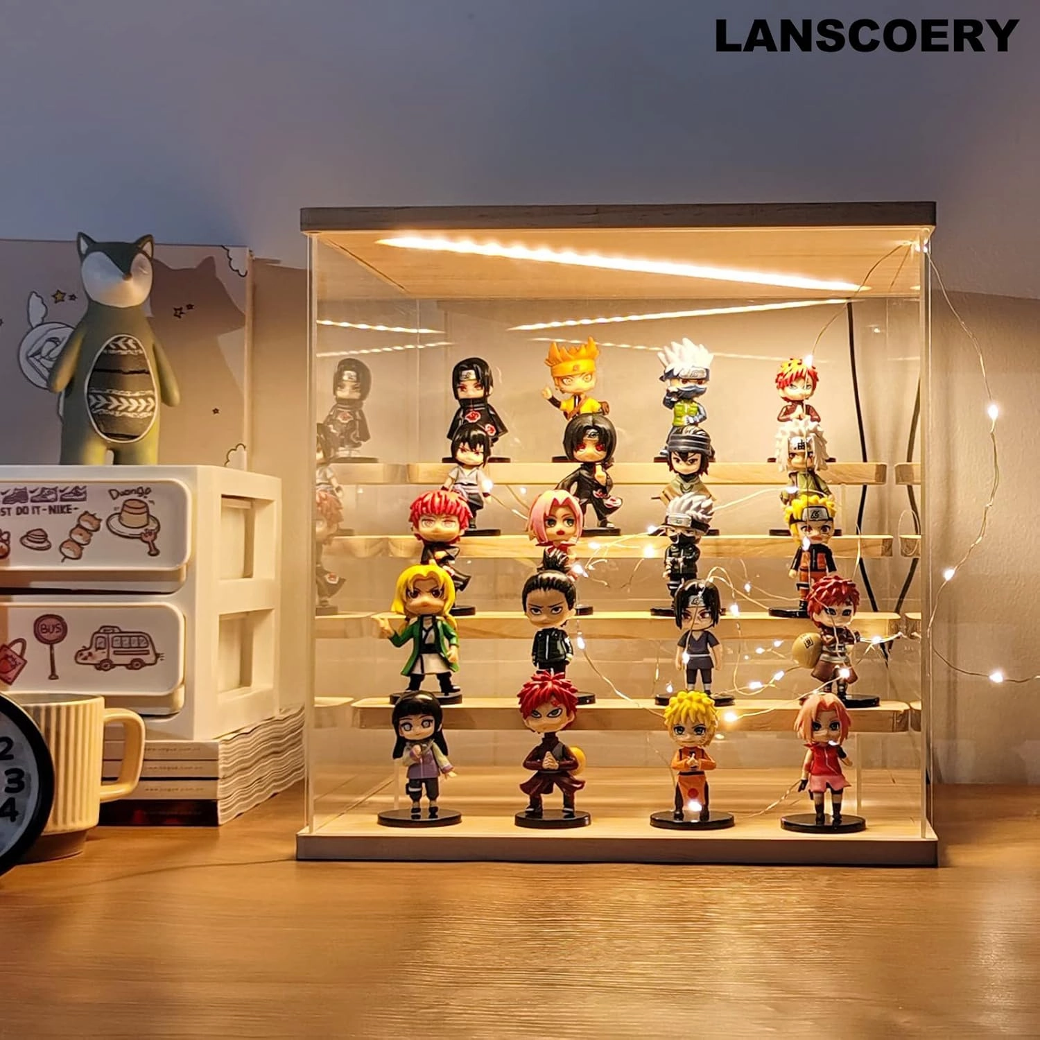 LANSCOERY Acrylic Display Case with LED Light, Clear 5 Tier Organization, Dustproof Wooden Display Box, Exclusive Showcase for Collectibles, Mini Figures and Funko Pop, 11.8x11x11.8inch