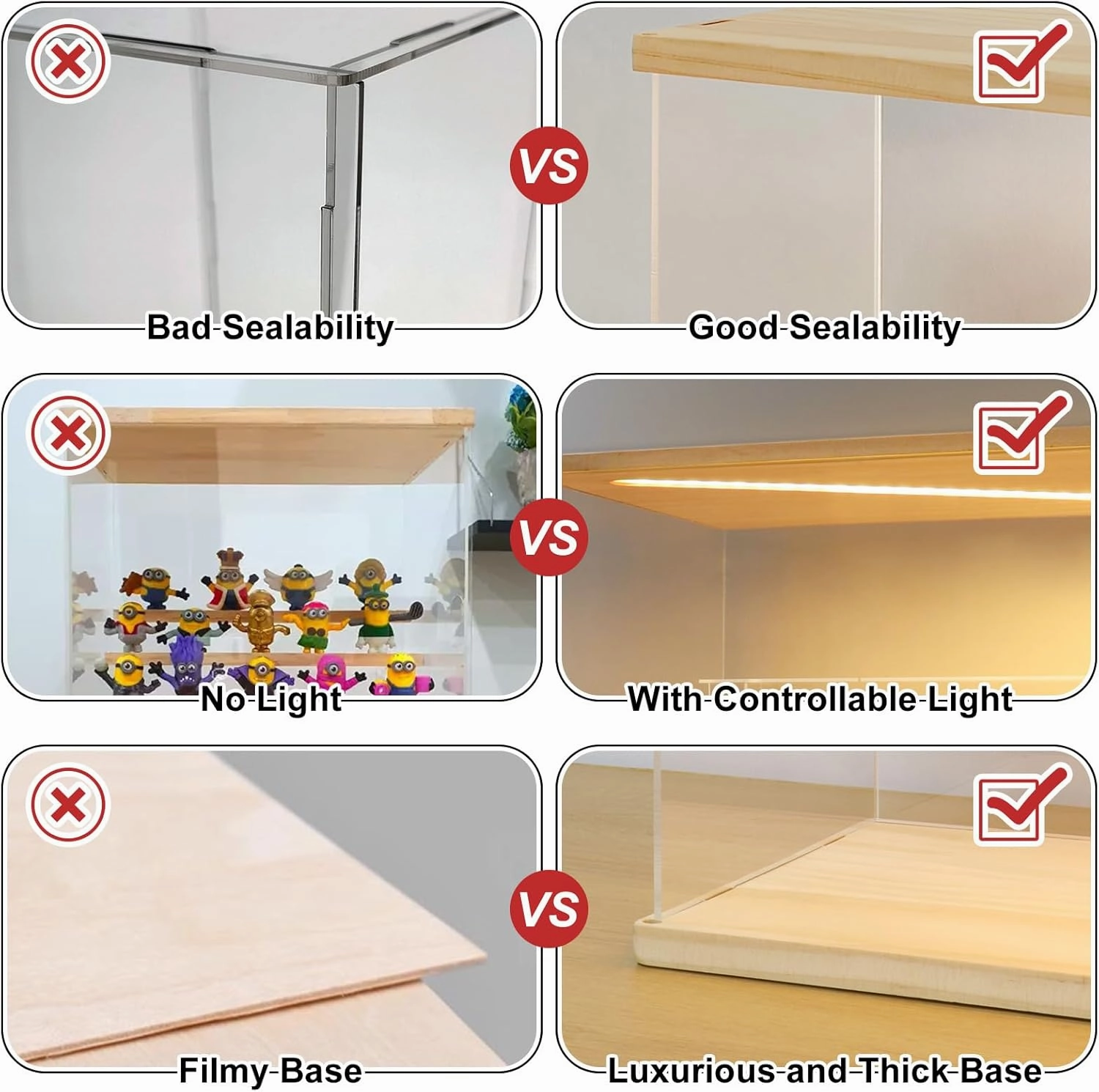 LANSCOERY Acrylic Display Case with LED Light, Clear 5 Tier Organization, Dustproof Wooden Display Box, Exclusive Showcase for Collectibles, Mini Figures and Funko Pop, 11.8x11x11.8inch