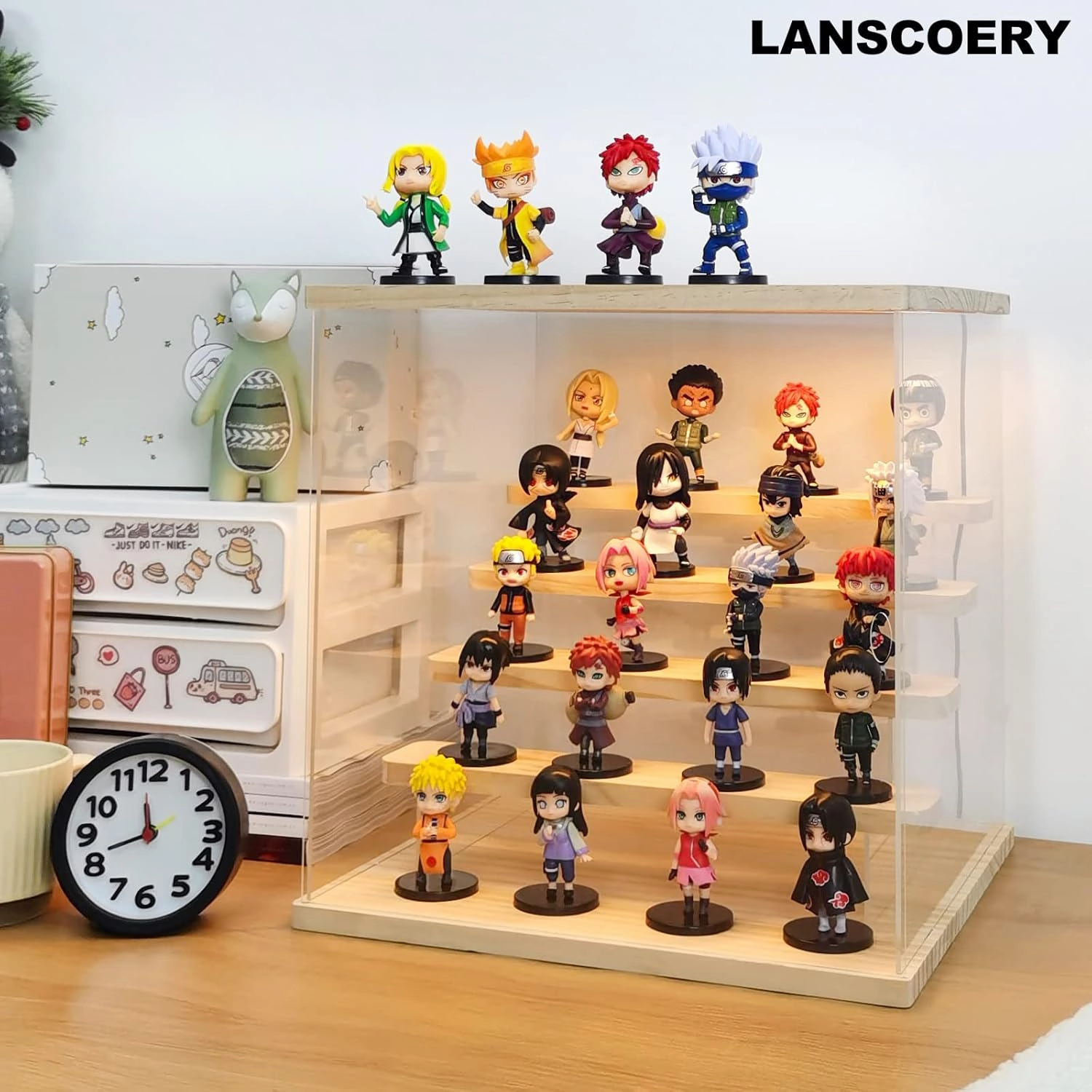 LANSCOERY Acrylic Display Case with LED Light, Clear 5 Tier Organization, Dustproof Wooden Display Box, Exclusive Showcase for Collectibles, Mini Figures and Funko Pop, 11.8x11x11.8inch