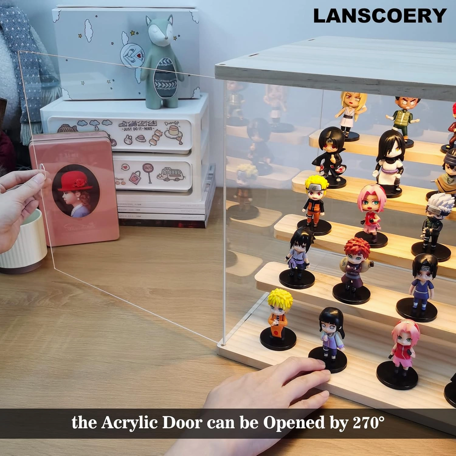LANSCOERY Acrylic Display Case with LED Light, Clear 5 Tier Organization, Dustproof Wooden Display Box, Exclusive Showcase for Collectibles, Mini Figures and Funko Pop, 11.8x11x11.8inch