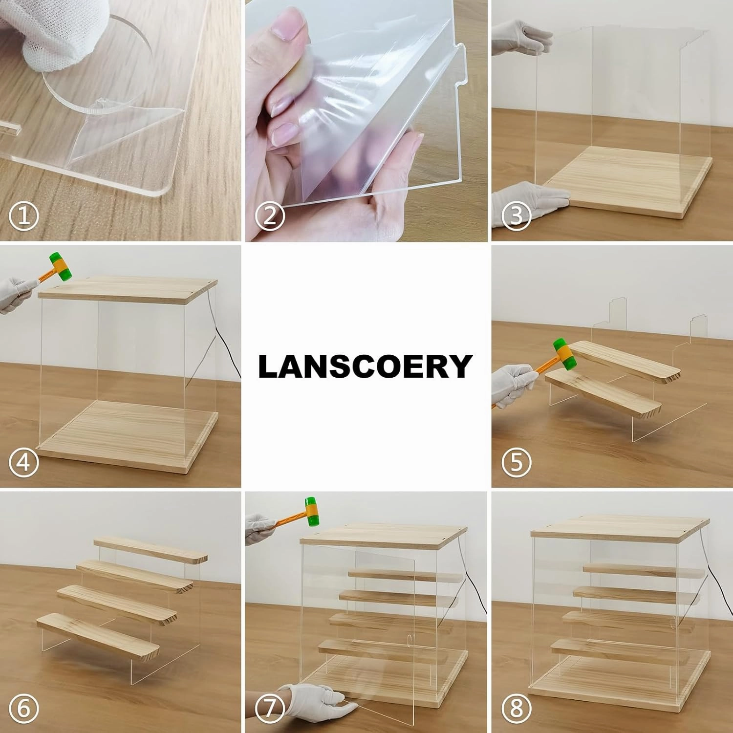 LANSCOERY Acrylic Display Case with LED Light, Clear 5 Tier Organization, Dustproof Wooden Display Box, Exclusive Showcase for Collectibles, Mini Figures and Funko Pop, 11.8x11x11.8inch