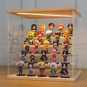 LANSCOERY Acrylic Display Case with LED Light, Clear 5 Tier Organization, Dustproof Wooden Display Box, Exclusive Showcase for Collectibles, Mini Figures and Funko Pop, 11.8x11x11.8inch