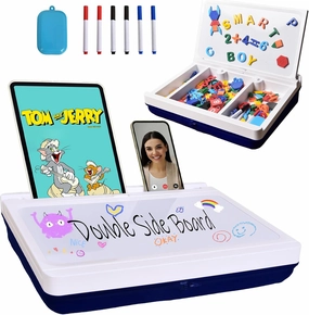 Lap Desk Kids with Storage Cushion - Washable Kids Lap Desk with Magnetic WhiteBoard - Double-Side iPad Slot Lap Table for Kids - Great for Kids Adults Boys Girls-White