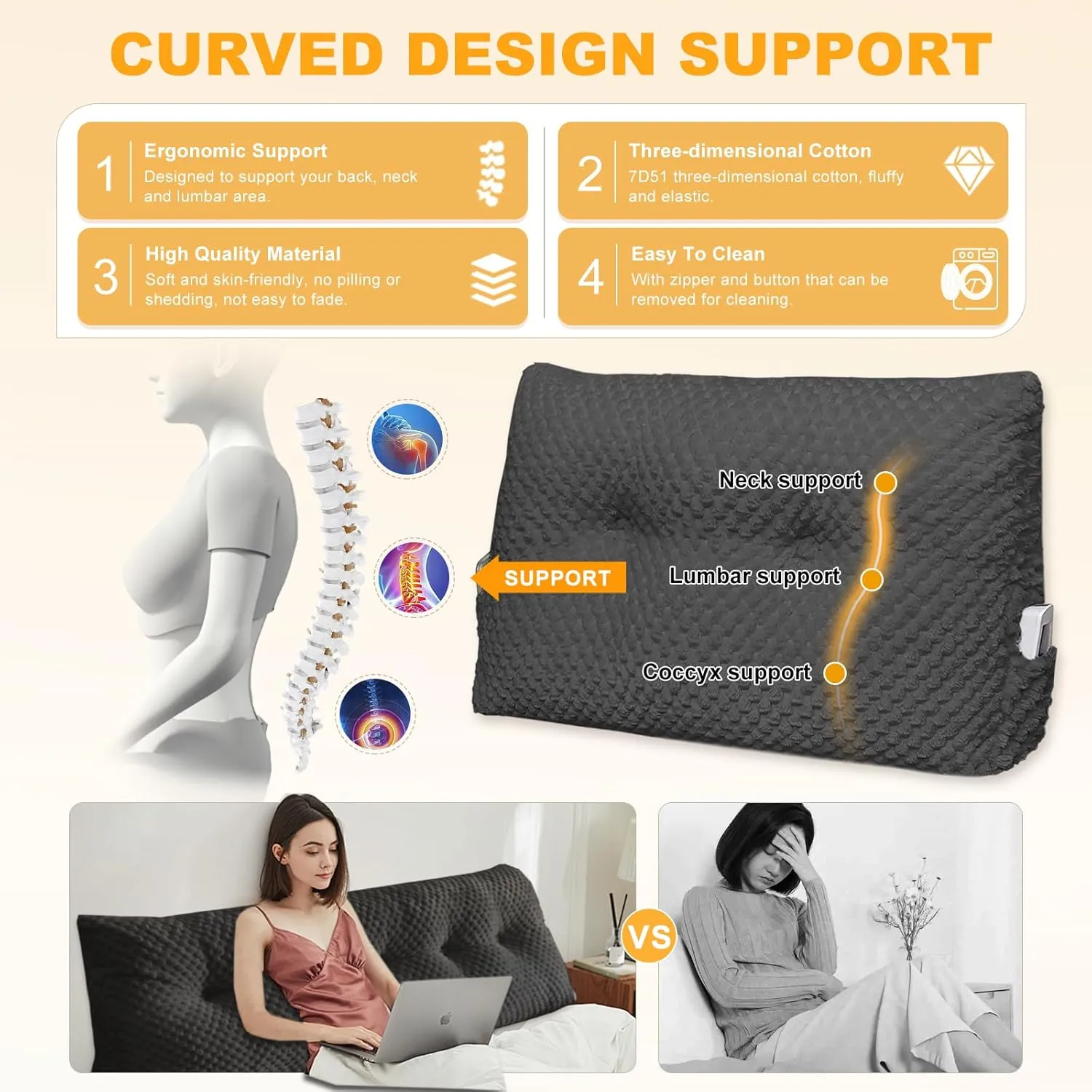 Large Triangular Headboard Wedge Pillow Soft and Supportive Headboard Backrest Positioning Support Bolster Cushion, Bed Wedge Pillow with Removable Cover(Black,Dorm,24x8x20inch)