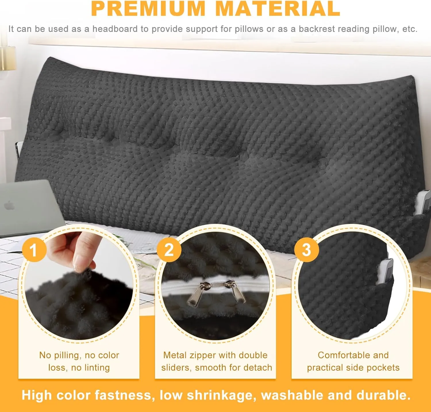 Large Triangular Headboard Wedge Pillow Soft and Supportive Headboard Backrest Positioning Support Bolster Cushion, Bed Wedge Pillow with Removable Cover(Black,Dorm,24x8x20inch)