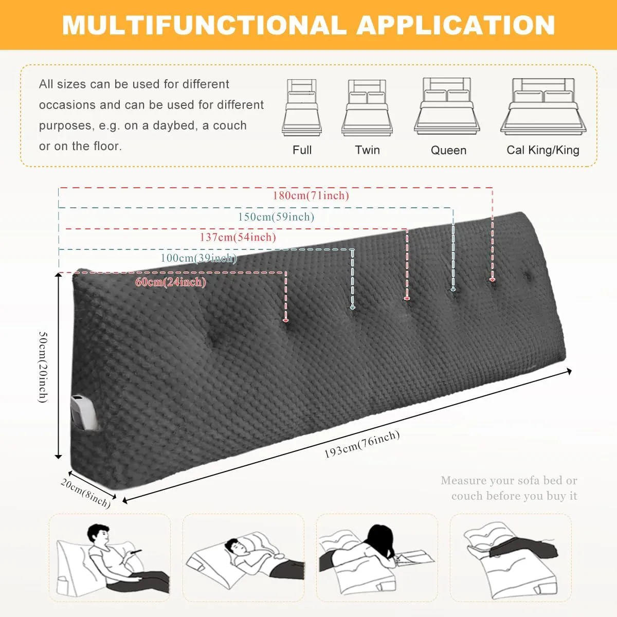 Large Triangular Headboard Wedge Pillow Soft and Supportive Headboard Backrest Positioning Support Bolster Cushion, Bed Wedge Pillow with Removable Cover(Black,Dorm,24x8x20inch)